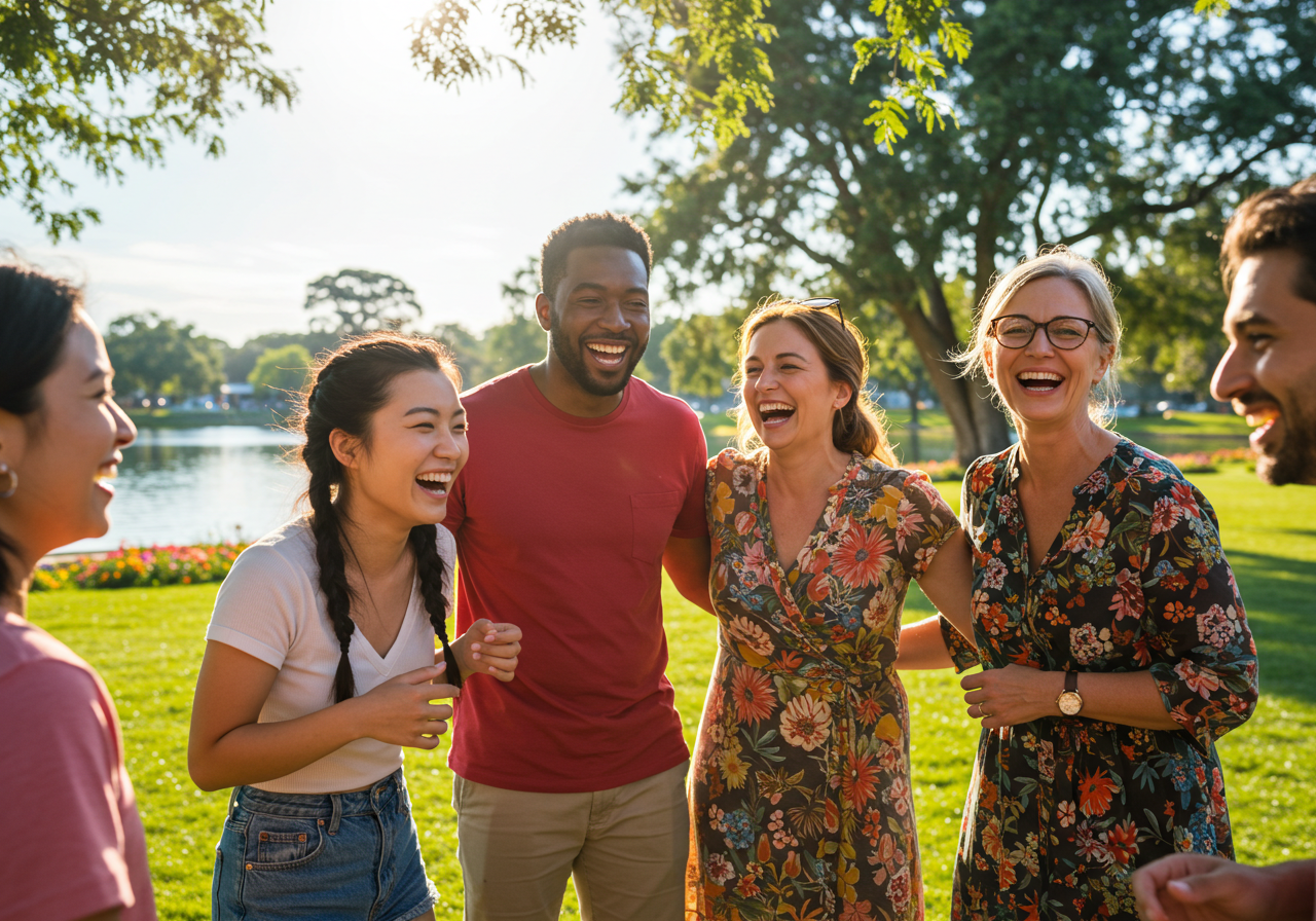 A diverse group of happy, glowing individuals enjoying life outdoors.