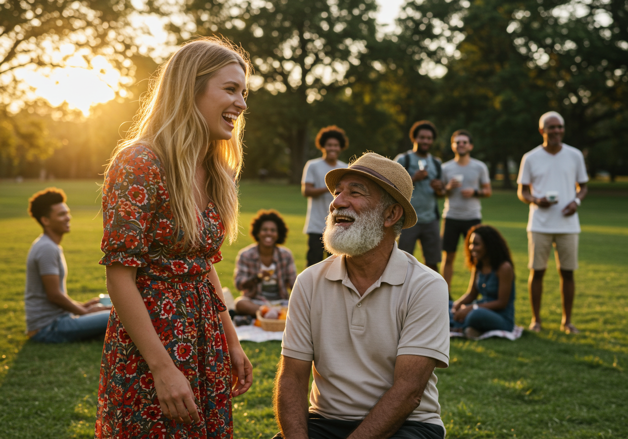 A diverse group of happy, glowing individuals enjoying life outdoors.